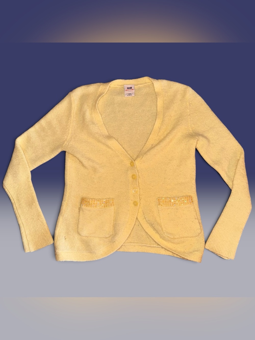 Vintage Faded Glory Yellow Sequin Pocket Button Front Knit Sweater Women’s Small